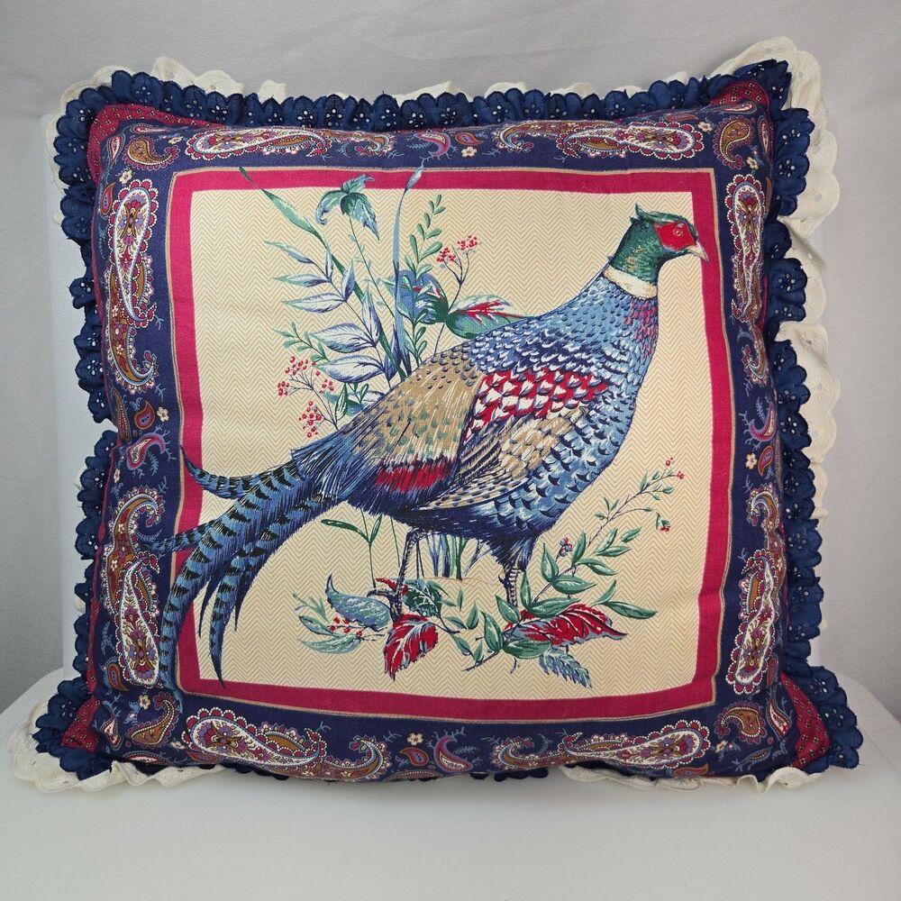 Vintage Decorative Pheasant Throw Pillow Paisley w Lace Trim 16" Square Navy